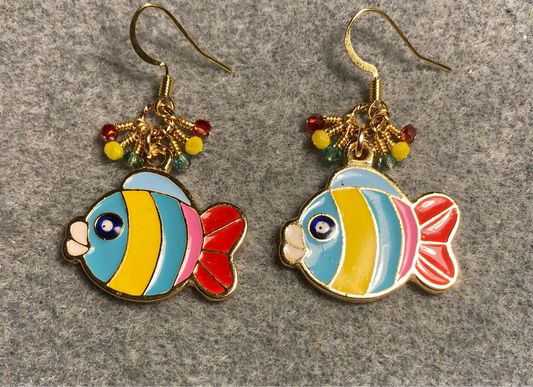 Turquoise, red, and yellow enamel striped fish charm earrings adorned with tiny dangling turquoise, red, and yellow Chinese crystal beads.