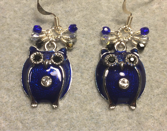 Large silver and dark blue enamel and rhinestone owl charm earrings adorned with small dangling dark blue, black and clear Czech glass beads.
