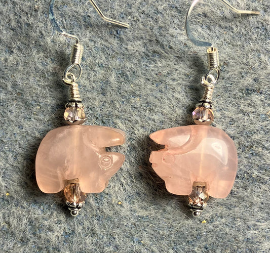 Small pink rose quartz gemstone pig bead earrings adorned with pink Chinese crystal beads.