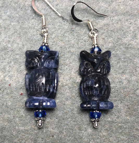 Blue sodalite gemstone owl bead earrings adorned with dark blue Chinese crystal beads.