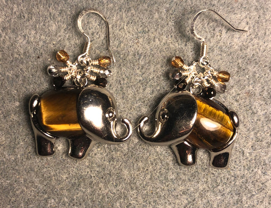 Large silver and brown tigereye gemstone elephant charm earrings adorned with small dangling brown, amber, and silver Czech glass beads.