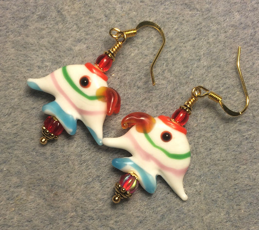 Red, pink, blue, and white lamp work angelfish bead earrings adorned with red Czech glass beads.