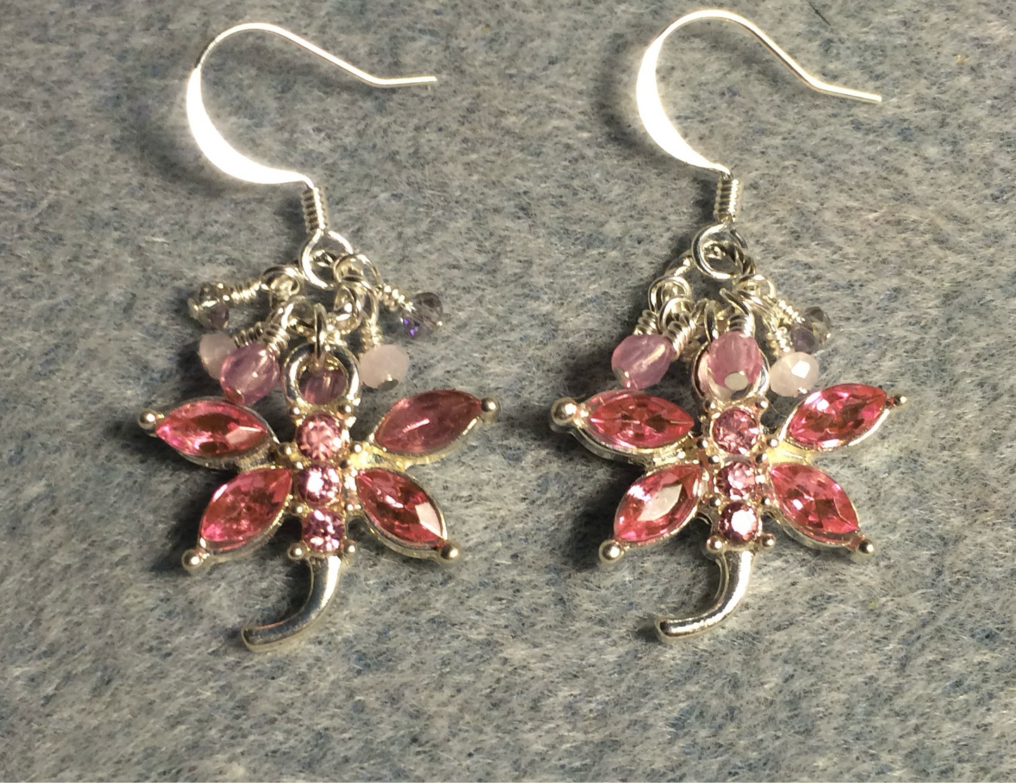 Pink and silver rhinestone dragonfly charm earrings adorned with tiny dangling pink and clear Chinese crystal beads.