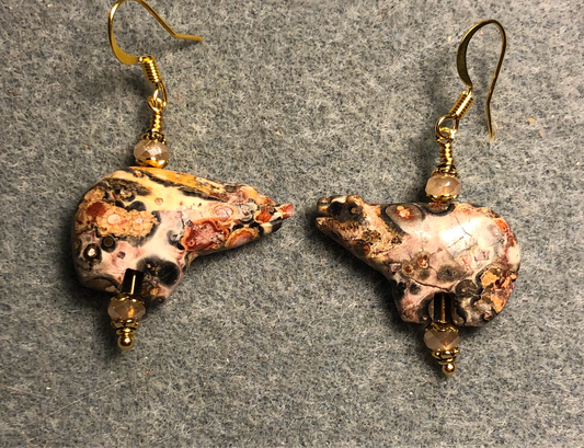 Leopard skin jasper gemstone bear bead earrings adorned with peach Chinese crystal beads.