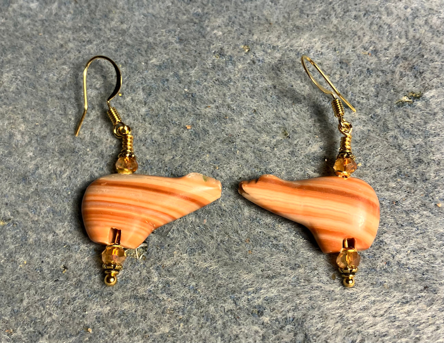 Red malachite gemstone bear bead earrings adorned with orange Chinese crystal beads.
