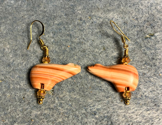 Red malachite gemstone bear bead earrings adorned with orange Chinese crystal beads.
