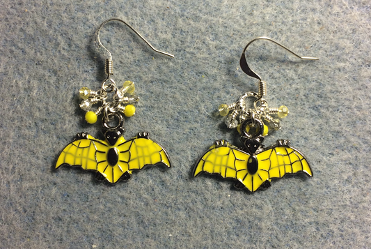 Yellow and silver enamel bat charm earrings adorned with tiny dangling yellow and silver Chinese crystal beads.
