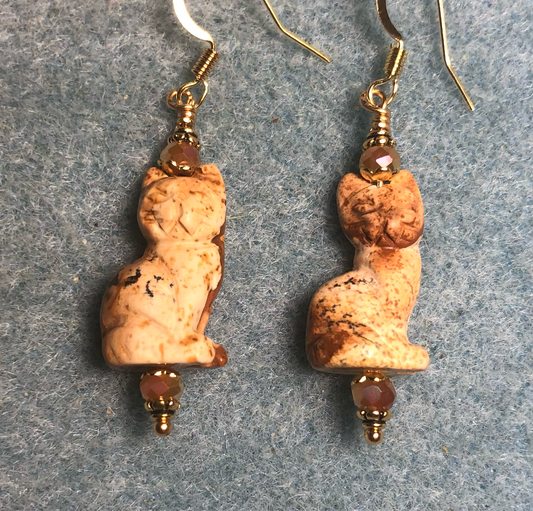 Picture jasper gemstone cat bead earrings adorned with tan Czech glass beads.