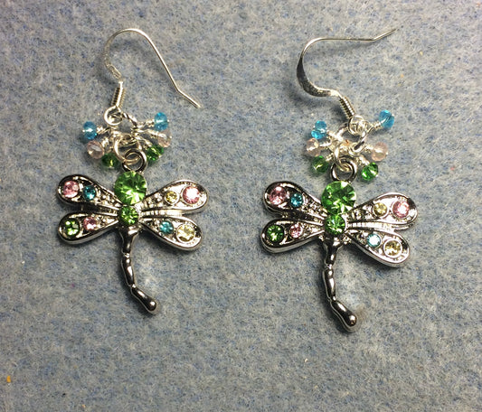 Silver and green, pink, and aqua rhinestone dragonfly charm earrings adorned with tiny dangling green, pink, and aqua Chinese crystal beads.