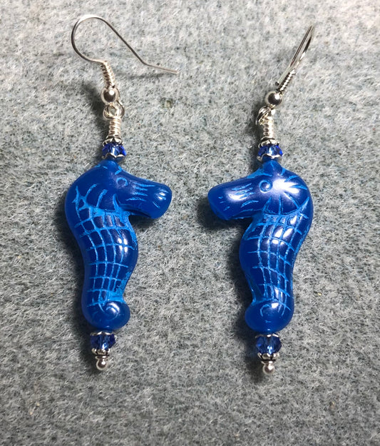 Blue (with turquoise inlay) Czech glass seahorse bead earrings adorned with blue Chinese crystal beads.