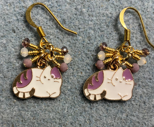Small violet and white enamel cat charm earrings adorned with tiny dangling violet and white Chinese crystal beads.