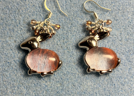 Large silver and cherry quartz  gemstone rabbit charm earrings adorned with small dangling rose and silver Czech glass beads.