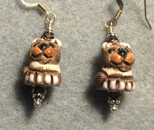 Small brown and tan ceramic exotic cat bead earrings adorned with brown Chinese crystal beads.