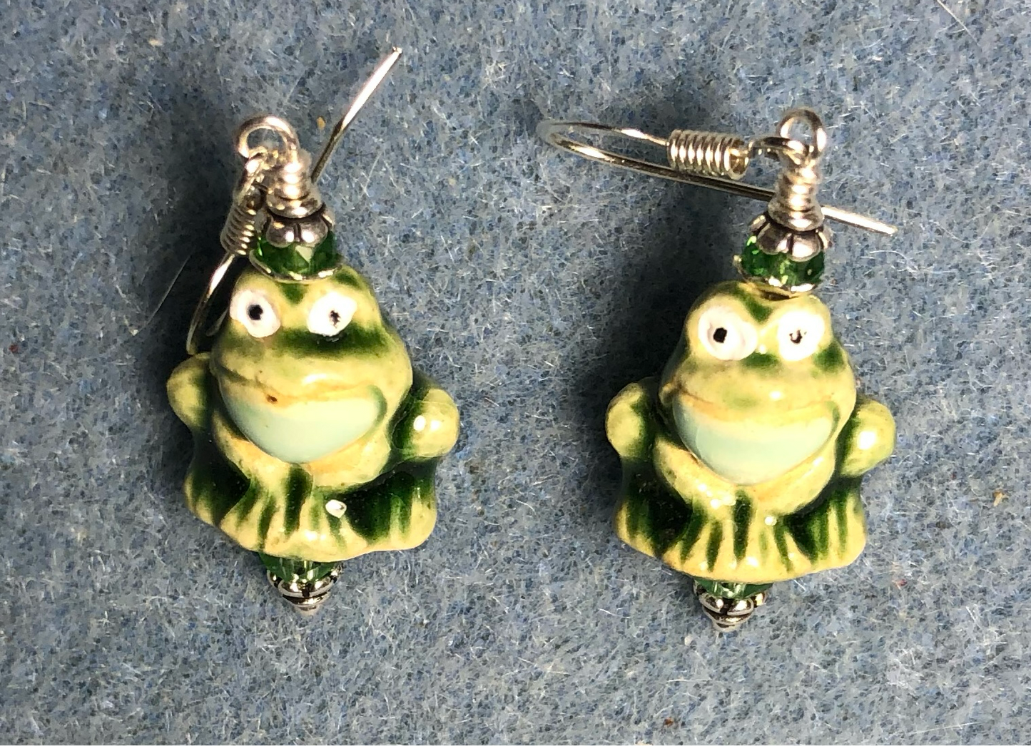 Small green and aqua ceramic frog bead earrings adorned with light green Chinese crystal beads.