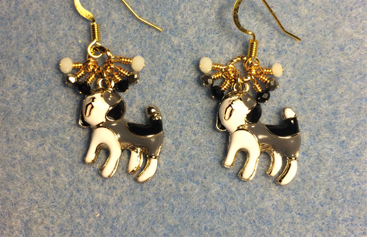 Gray, black, and white enamel dog charm earrings adorned with tiny dangling gray, black, and white Chinese crystal beads.