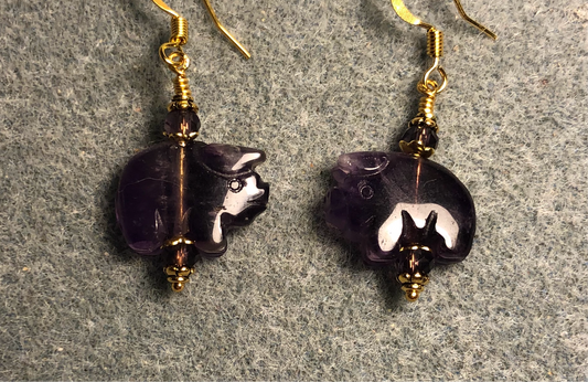 Small amethyst gemstone pig bead earrings adorned with purple Chinese crystal beads.