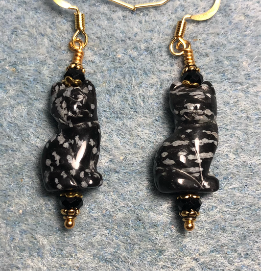 Snowflake obsidian gemstone cat bead earrings adorned with black Czech glass beads.