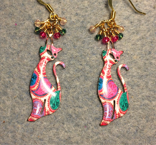 Pink and teal enamel paisley patterned cat charm earrings adorned with tiny dangling hot pink, teal, and light pink Chinese crystal beads.