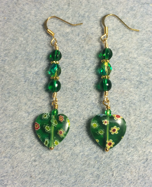 Emerald green millefiori Czech glass heart bead earrings adorned with emerald green Czech glass beads.