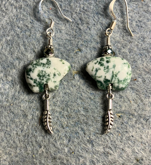 Tree agate gemstone Zuni bear fetish bear earrings adorned with dark green crystal beads and tiny silver feather charms.