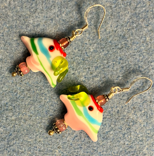 Pink, aqua, lime green, and red lamp work striped angelfish bead earrings adorned with milky pink Czech glass beads.