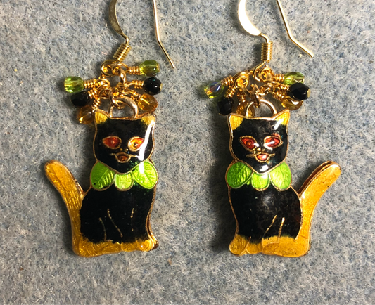 Black, amber, and olive green cloisonné cat charm earrings adorned with small dangling black, amber, and olive green Czech glass beads.
