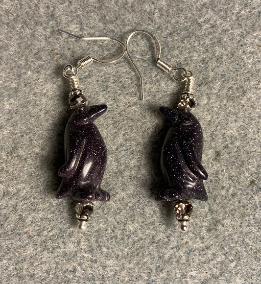 Blue goldstone gemstone penguin bead earrings adorned with purple Chinese crystal beads.