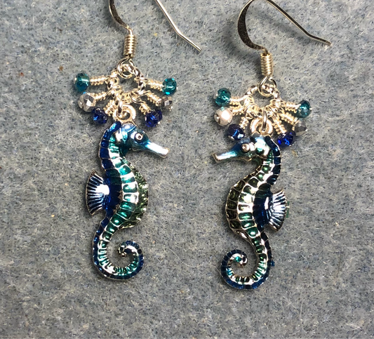 Silver, blue, and teal enamel seahorse charm earrings adorned with tiny dangling silver, blue, and teal Chinese crystal beads.