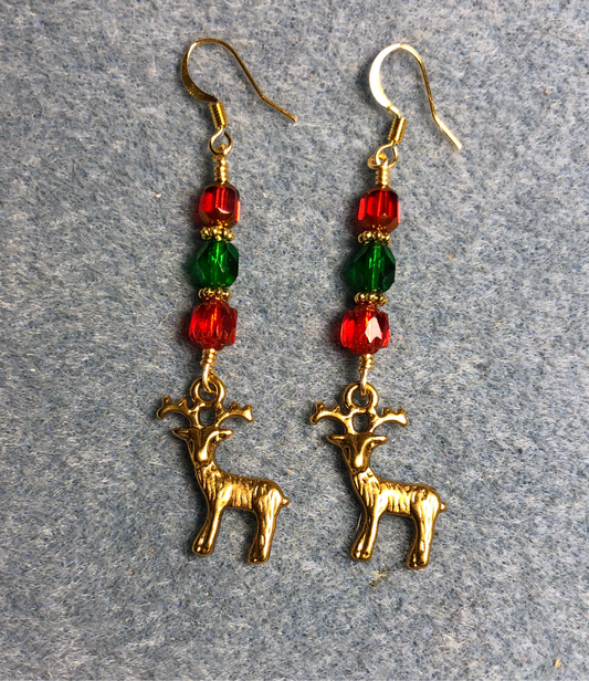 Small gold reindeer charm earrings adorned with red and green Czech glass beads