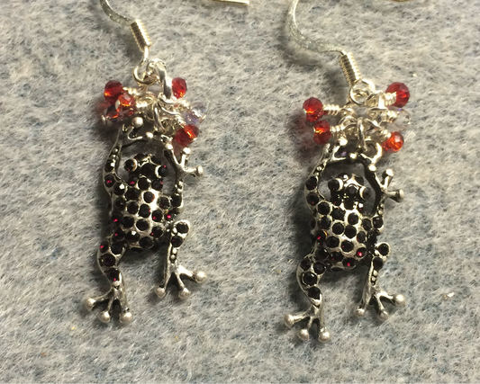 Vintage antique silver and dark red rhinestone frog charm earrings adorned with tiny dangling dark red Chinese crystal beads.