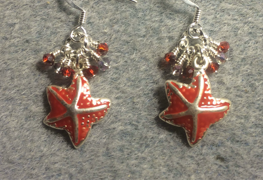 Red enamel starfish charm earrings adorned with tiny dangling red and clear Chinese crystal beads.