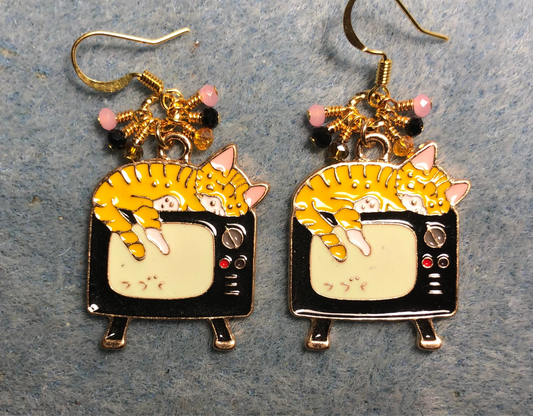 Amber, black, and pink enamel tabby cat charm earrings adorned with tiny dangling amber, pink, and black Chinese crystal beads.