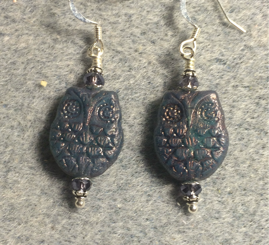 Bluish purple Czech glass owl bead earrings adorned with purple Chinese crystal beads.