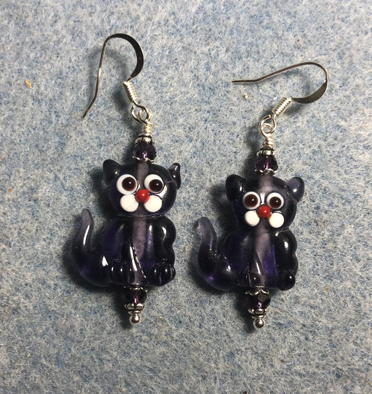 Translucent grape purple lamp work cat bead earrings adorned with purple Chinese crystal beads.