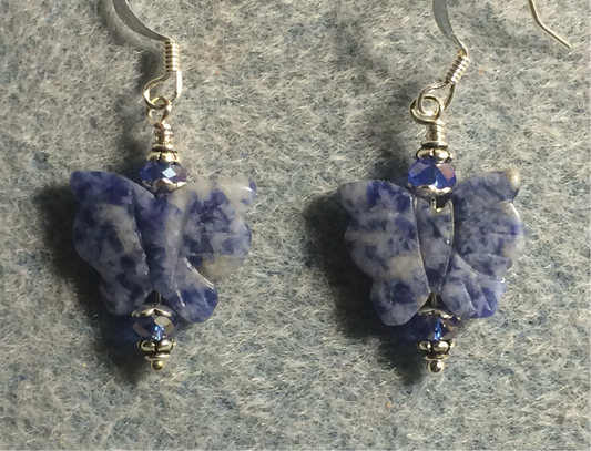 Blue sodalite gemstone butterfly bead earrings adorned with dark blue Chinese crystal beads.