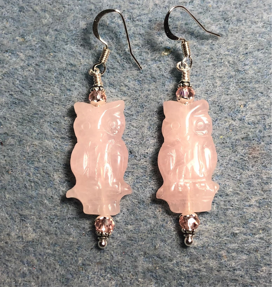 Pink rose quartz gemstone owl bead earrings adorned with pink Chinese crystal beads.