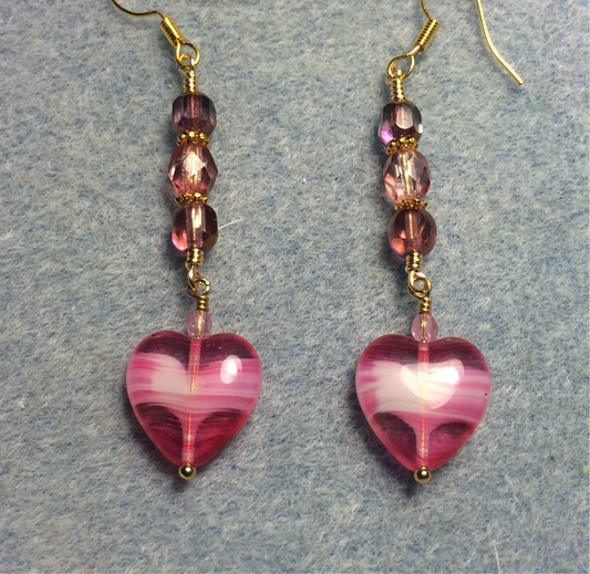 Bright pink Czech glass heart bead earrings adorned with bright pink Czech glass beads.