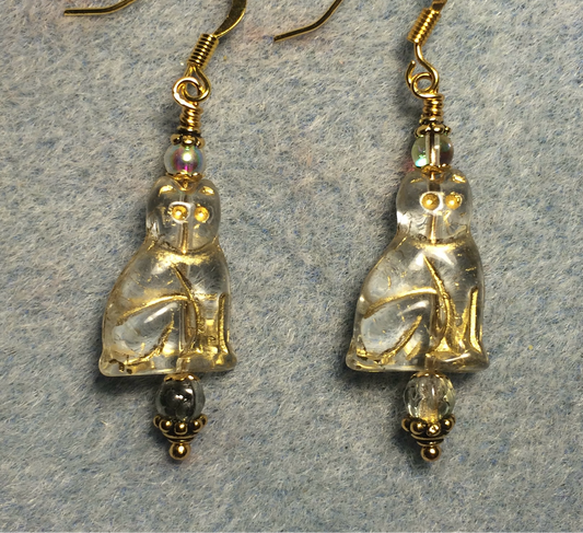 Clear (with gold inlay) Czech glass cat bead earrings adorned with clear Czech glass beads.