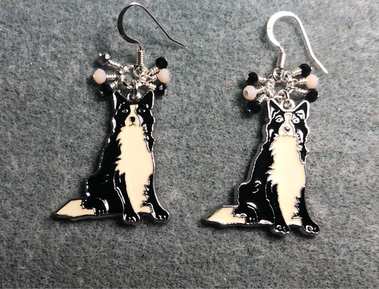 Black and white enamel Border Collie charm earrings adorned with tiny dangling black and white Chinese crystal beads.