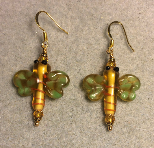 Topaz and green lamp work dragonfly bead earrings adorned with topaz Chinese crystal beads.