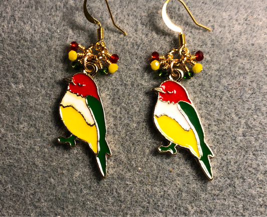 Red, yellow, and green enamel songbird charm earrings adorned with tiny dangling red, yellow, and green Chinese crystal beads.