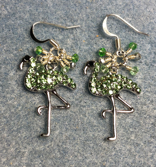 Silver and light green rhinestone flamingo charm earrings adorned with tiny dangling light green and silver Chinese crystal beads.