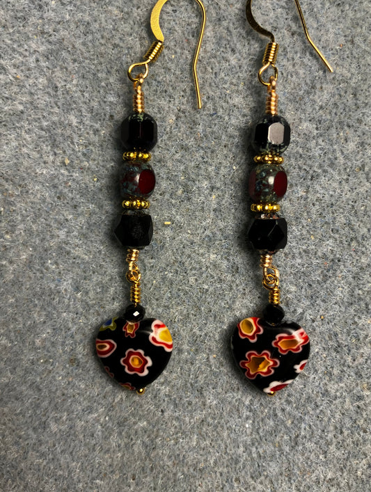 Small black and dark red millefiori Czech glass heart bead earrings adorned with black and dark red Czech glass beads.