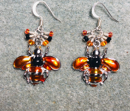 Orange and black enamel honeybee charm earrings adorned with tiny dangling orange and black Chinese crystal beads.