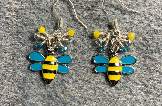 Yellow, turquoise, and silver enamel honeybee charm earrings adorned with tiny dangling yellow, turquoise, and silver Chinese crystal beads.