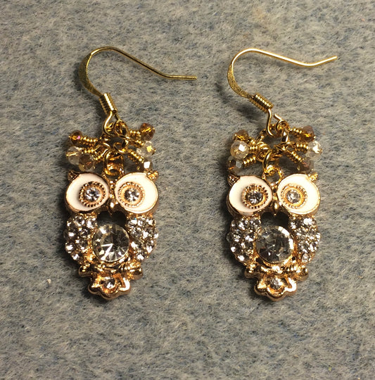White enamel and rhinestone owl charm earrings adorned with tiny dangling amber and clear Chinese crystal beads.
