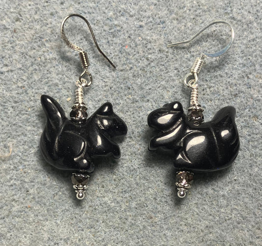 Blue goldstone gemstone squirrel bead earrings adorned with purple Chinese crystal beads.