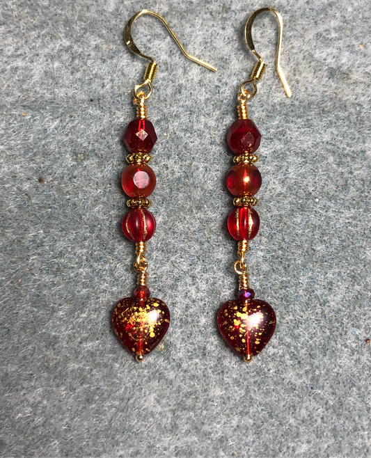 Small bright red with gold speckles Czech glass heart bead earrings adorned with reddish gold Czech glass beads.