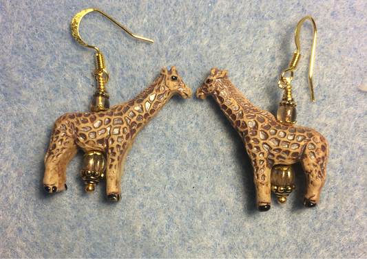 Tan ceramic spotted giraffe bead earrings adorned with tan Czech glass beads.