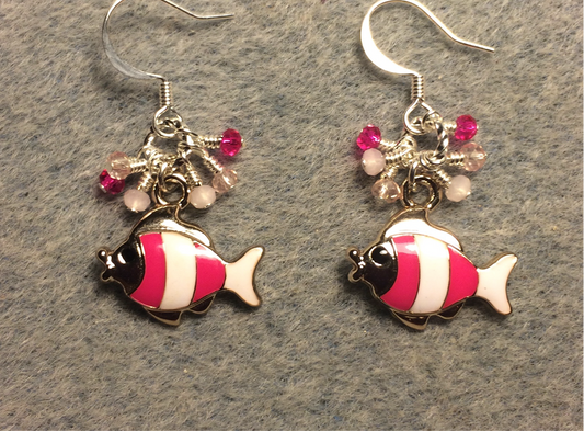Hot pink and white enamel striped fish charm earrings adorned with tiny dangling hot pink and light pink Chinese crystal beads.